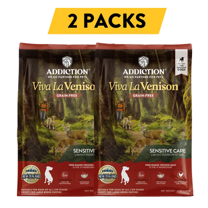 Two packs of Addiction Viva La Venison dog food on a white background