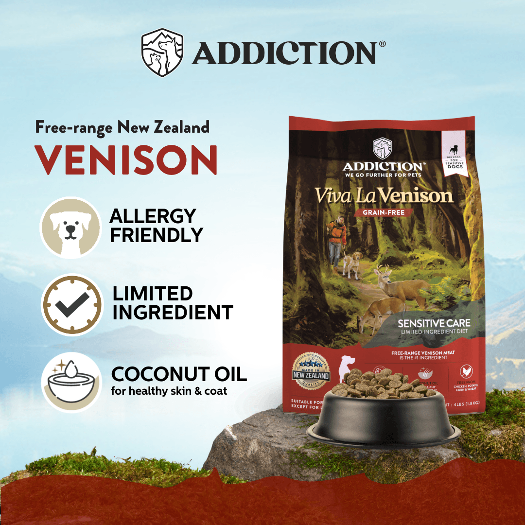Addiction Viva La Venison dog food packaging with product features on a scenic background