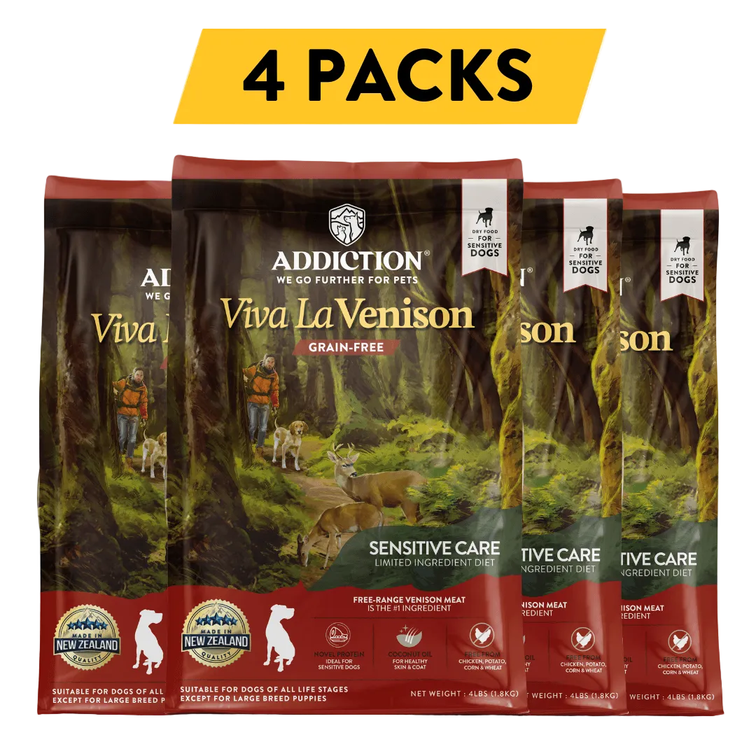 Four packs of Viva La Venison dog food with a '4 Packs' label on a white background.