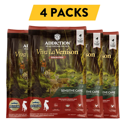 Four packs of Viva La Venison dog food with a '4 Packs' label on a white background.