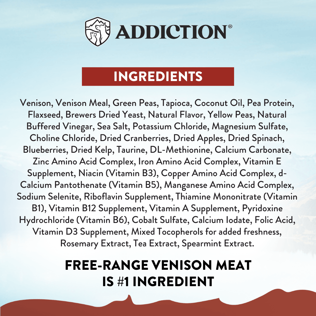 Ingredients list for a product with 'Addiction' branding on a light blue background.