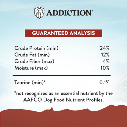 Nutritional analysis label for a product with 'Addiction' branding on a blue and brown background.