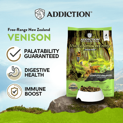 Addiction Viva La Venison Entree dog food package with promotional text on a scenic background