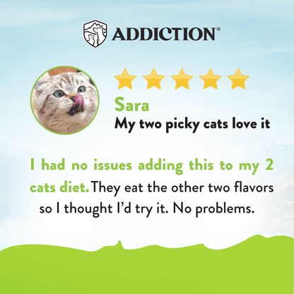 Product review for a cat food brand with a cat's face and text on a light blue background