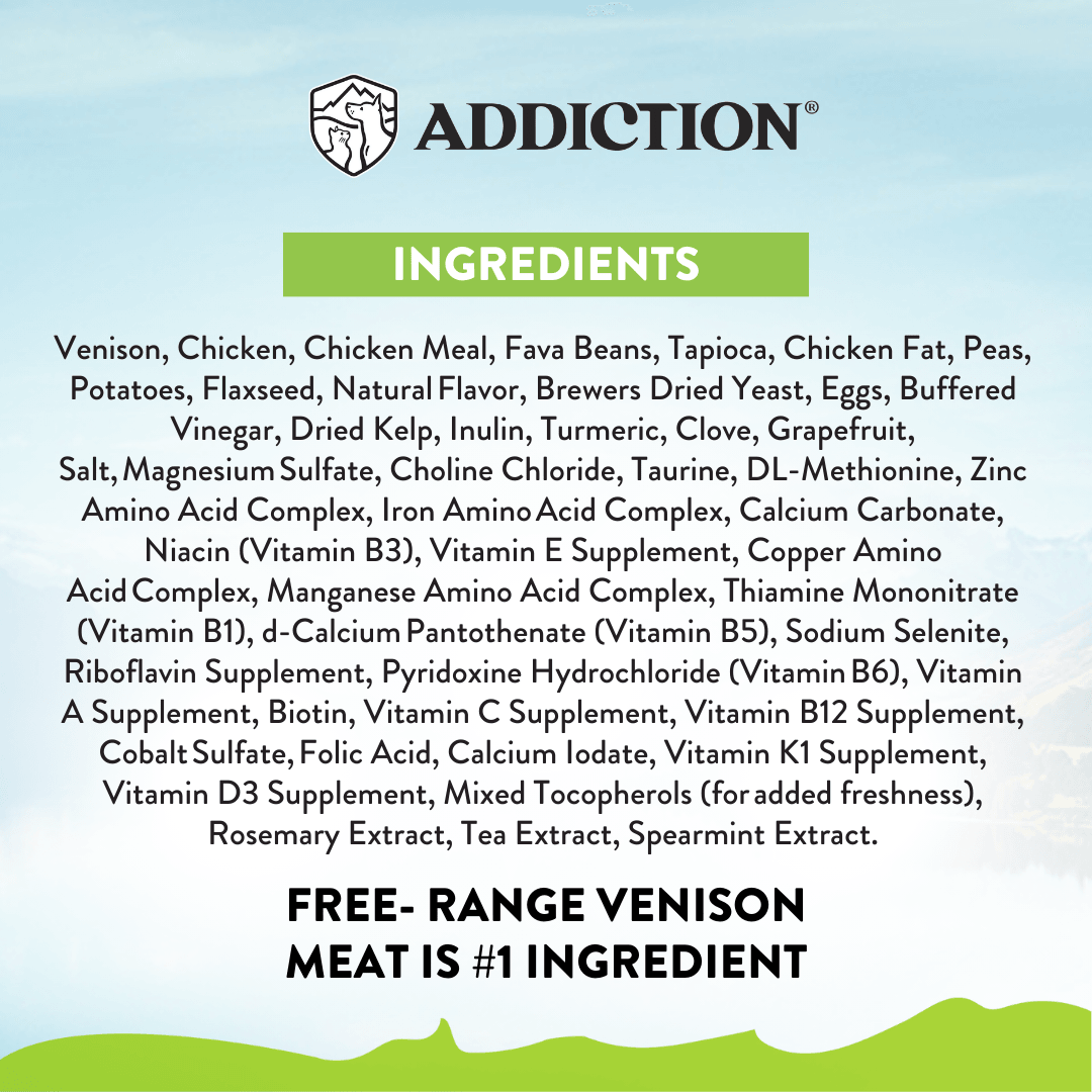 Ingredients list for a pet food product with 'Addiction' branding on a light blue background.