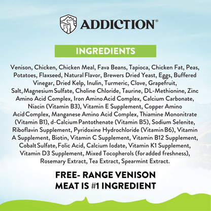 Ingredients list for a pet food product with 'Addiction' branding on a light blue background.
