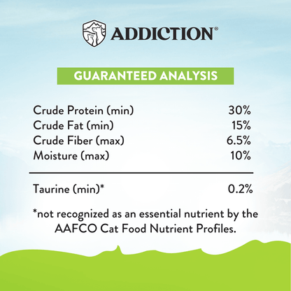 Nutritional analysis chart for a pet food product with 'Addiction' branding on a light blue background.