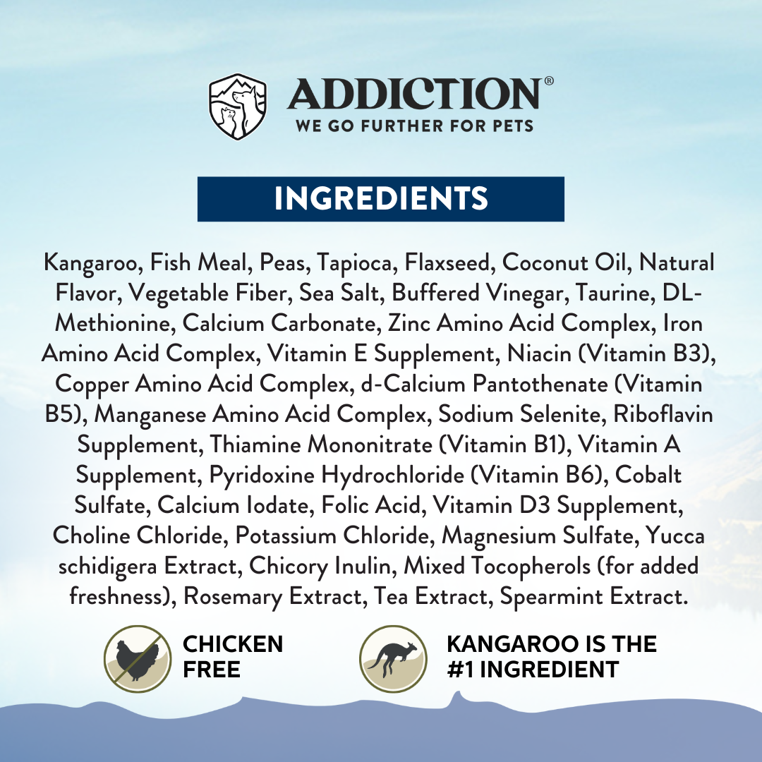 Ingredients list for a pet product with Addiction branding on a light blue background.