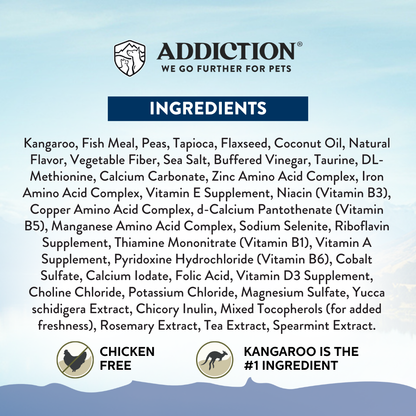 Ingredients list for a pet product with Addiction branding on a light blue background.
