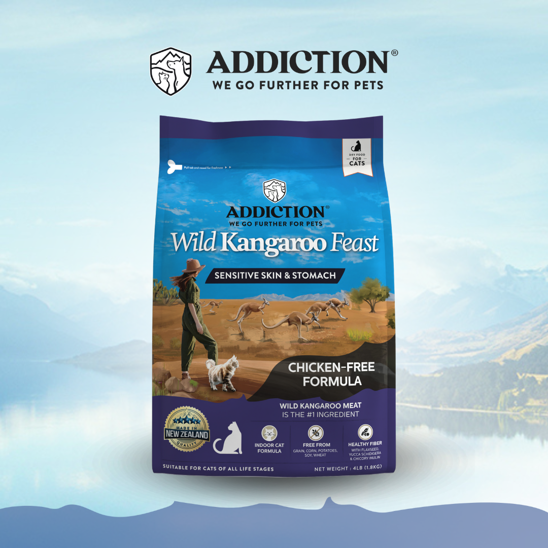 Addiction Wild Kangaroo Feast cat food package on a scenic background