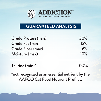 Nutritional analysis chart for pet food with Addiction logo on a light blue background