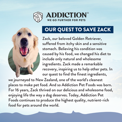 Advertisement for Addiction Pet Foods featuring a Golden Retriever and text about their quest to save Zack.