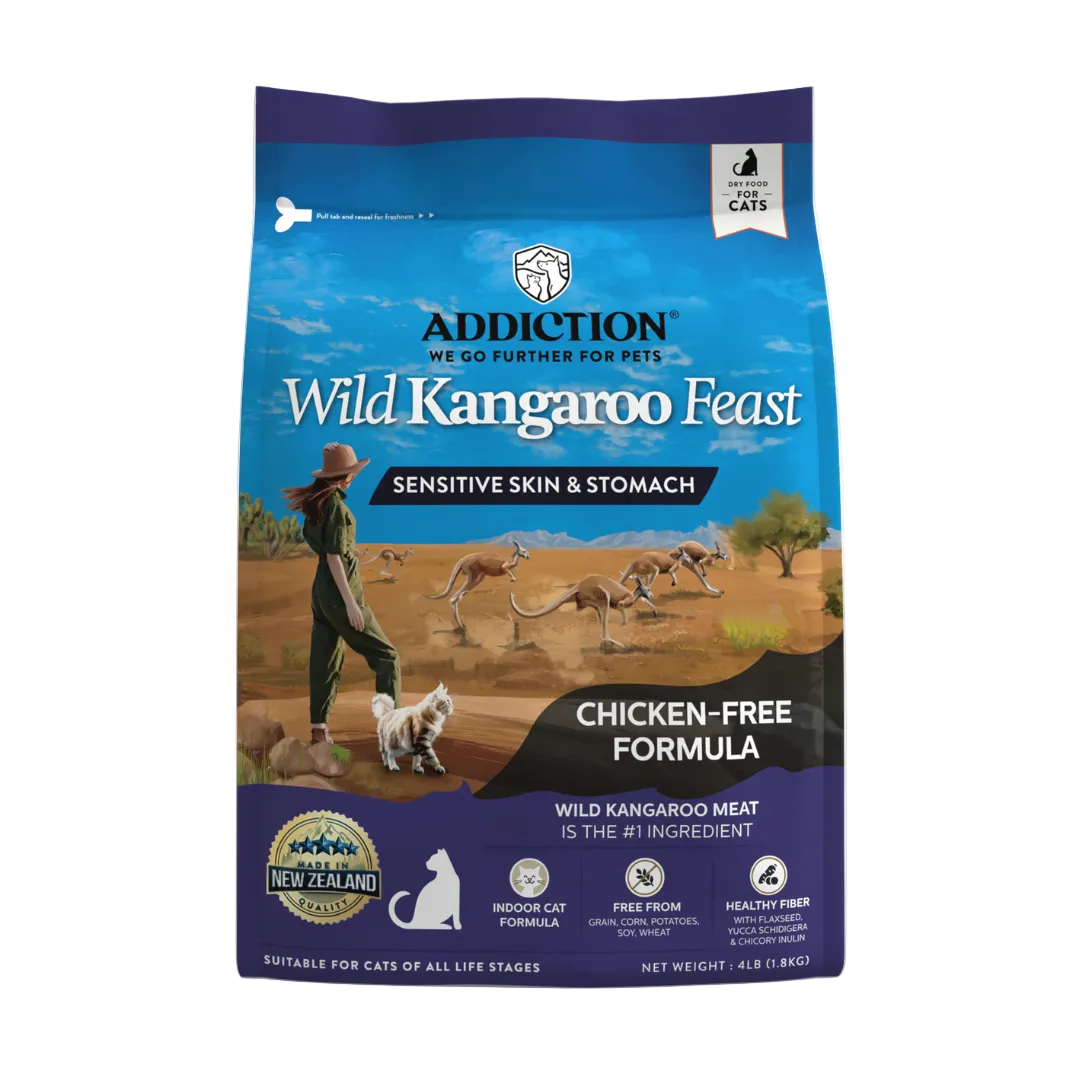 Addiction Wild Kangaroo Feast cat food package on a white background