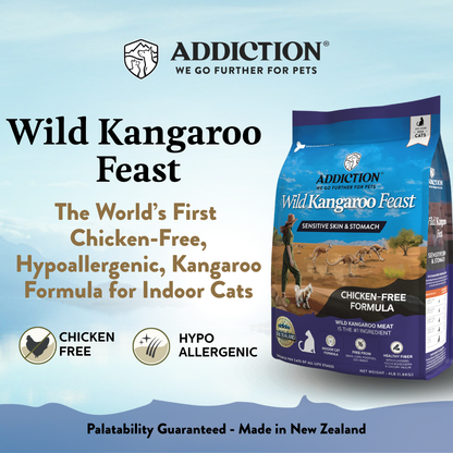 Addiction Wild Kangaroo Feast cat food package on a light blue background