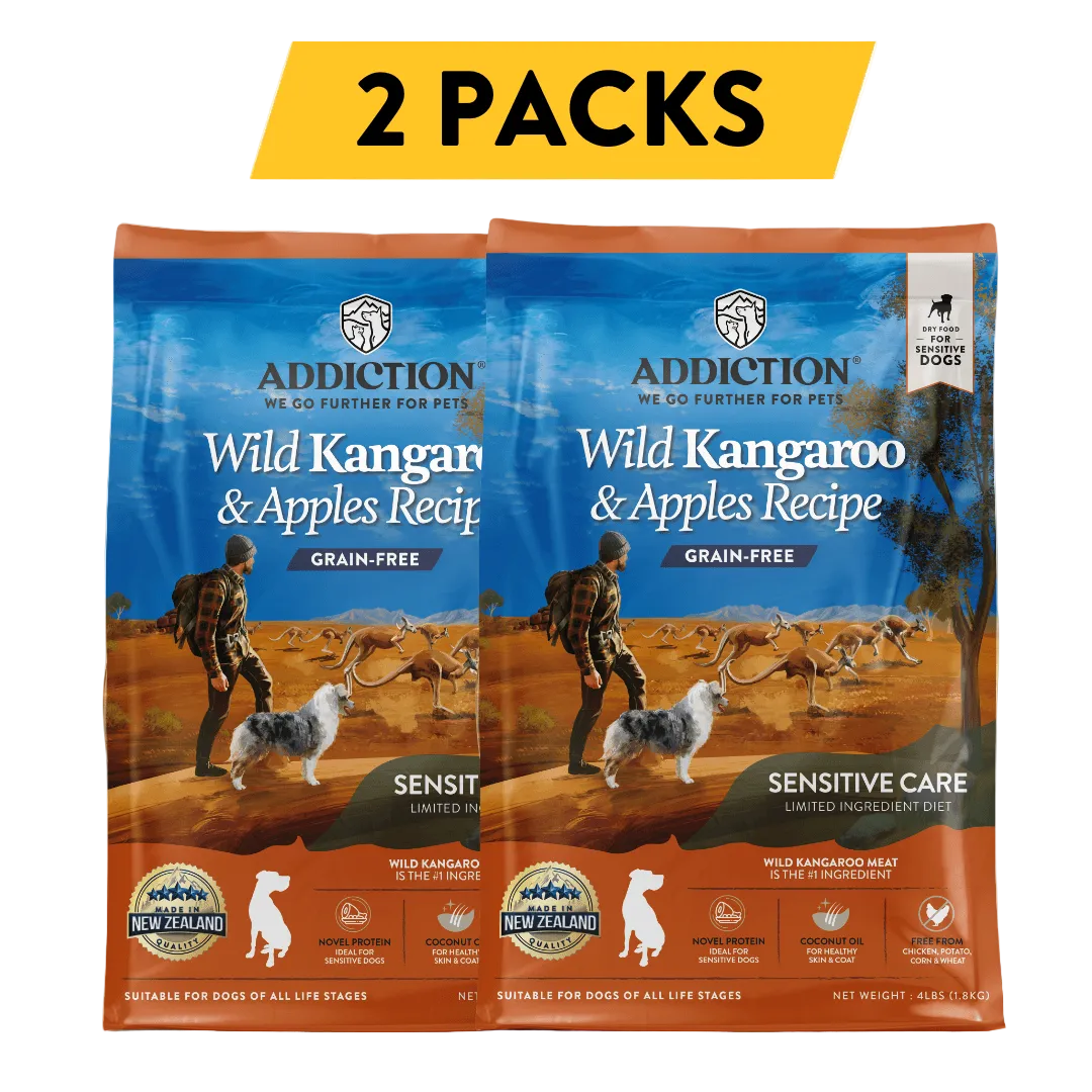 Two packs of Addiction Wild Kangaroo & Apples Recipe dog food on a white background