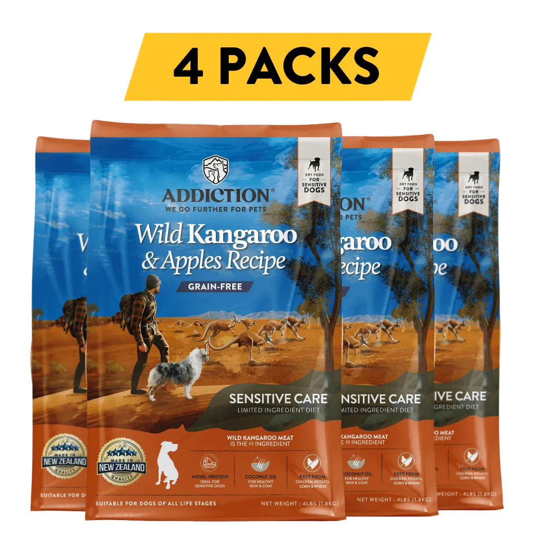 Four packs of Addiction Wild Kangaroo & Apples Recipe dog food on a white background