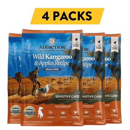 Four packs of Addiction Wild Kangaroo & Apples Recipe dog food on a white background