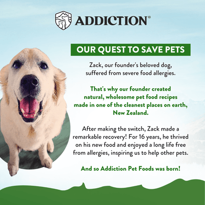 Advertisement for Addiction Pet Foods featuring a dog and text about the brand's mission.