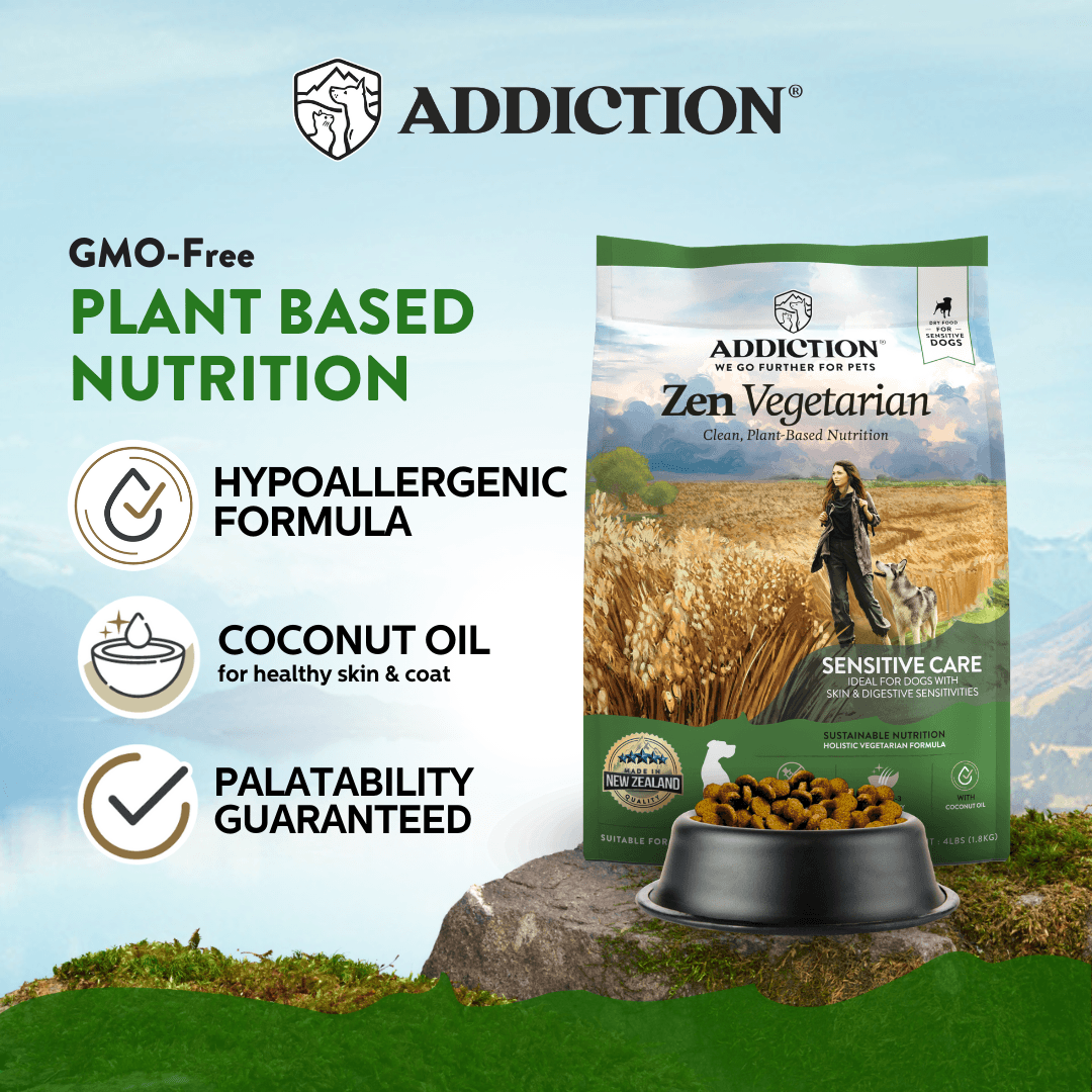 Addiction Zen Vegetarian pet food package with product features on a scenic background