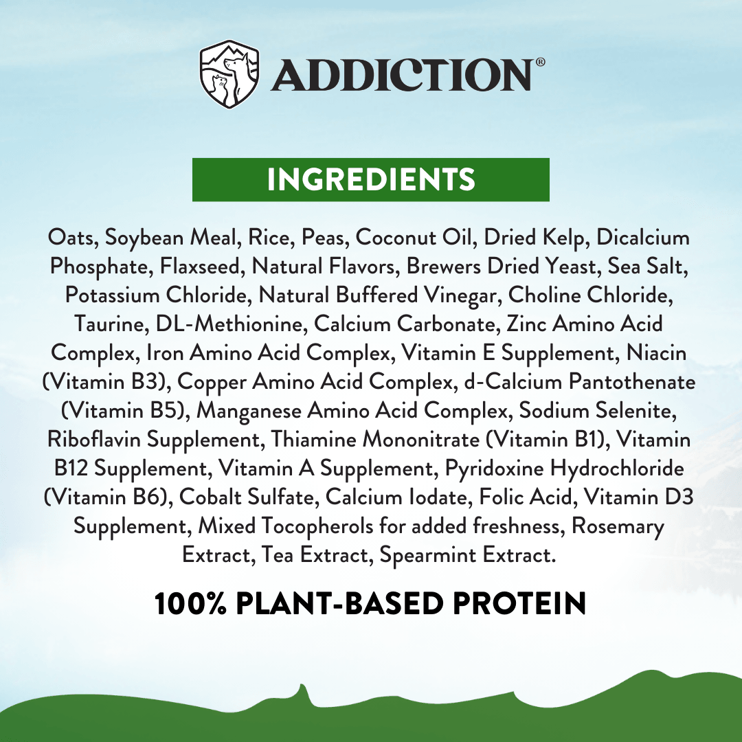 Ingredients list of a plant-based protein product with 'Addiction' branding on a light blue background.