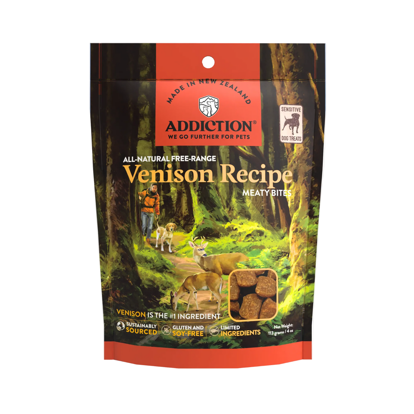 Addiction Venison Recipe dog food package in a forest setting