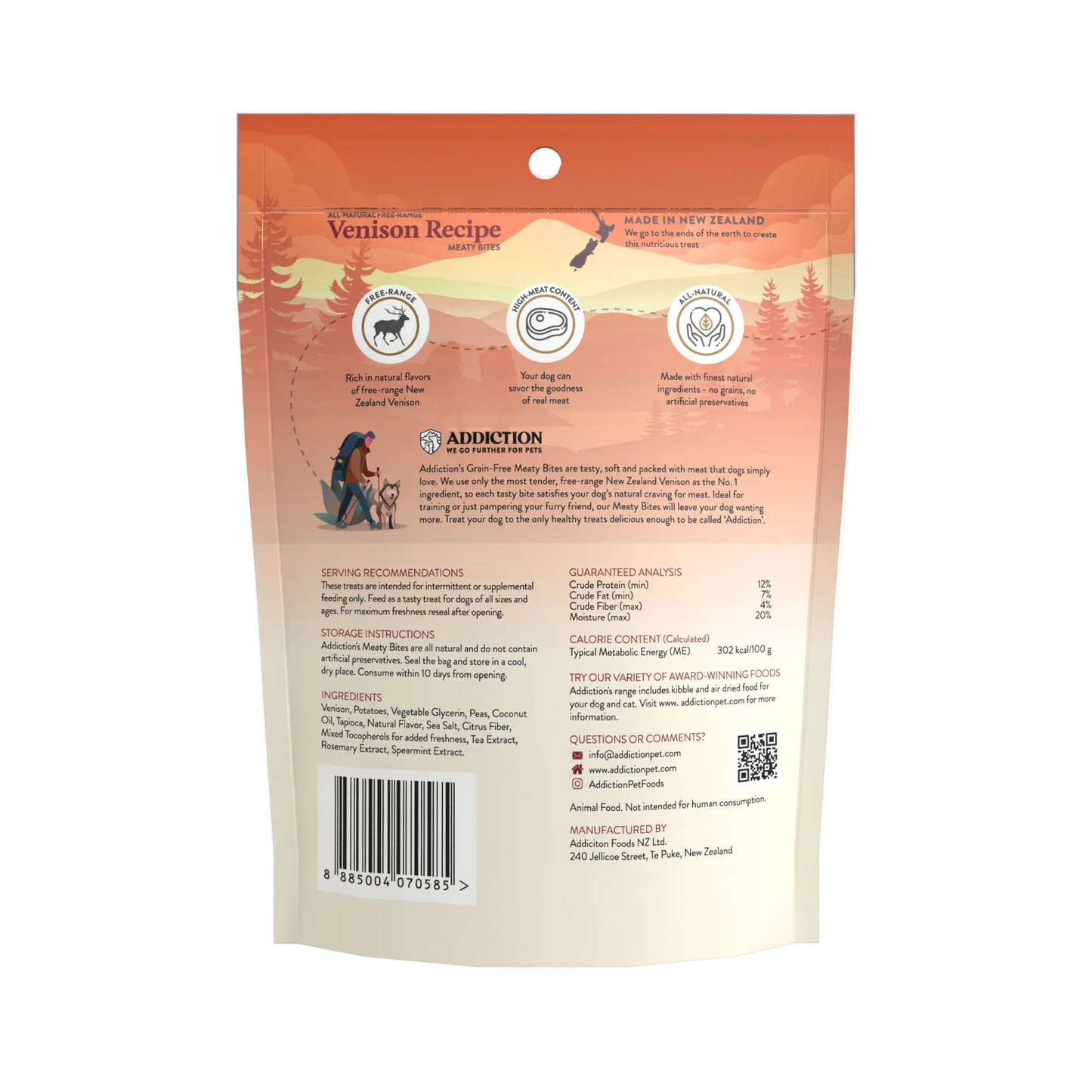 Back view of a pet food package with branding and text on a white background