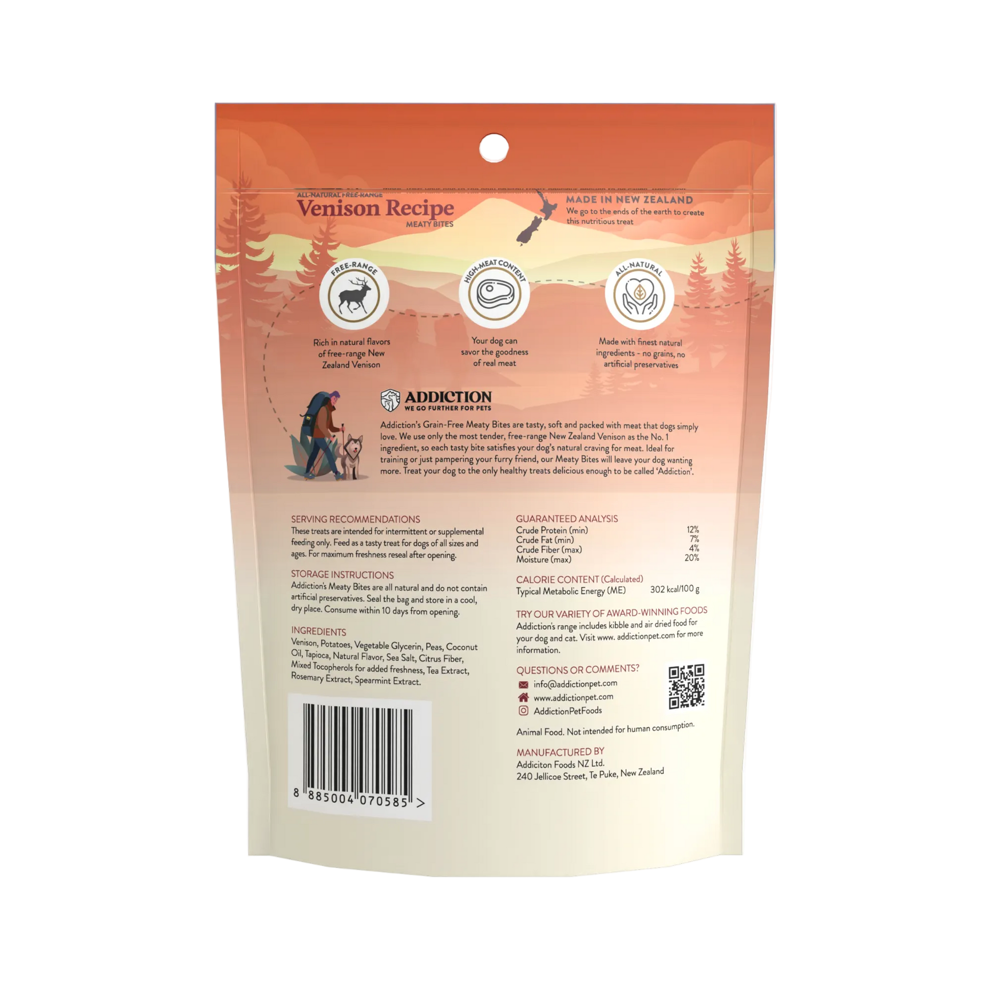 Back view of a pet food package with branding and text on a white background
