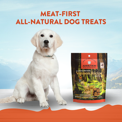 White dog sitting next to a bag of Addiction Venison Recipe dog treats with a mountainous background.