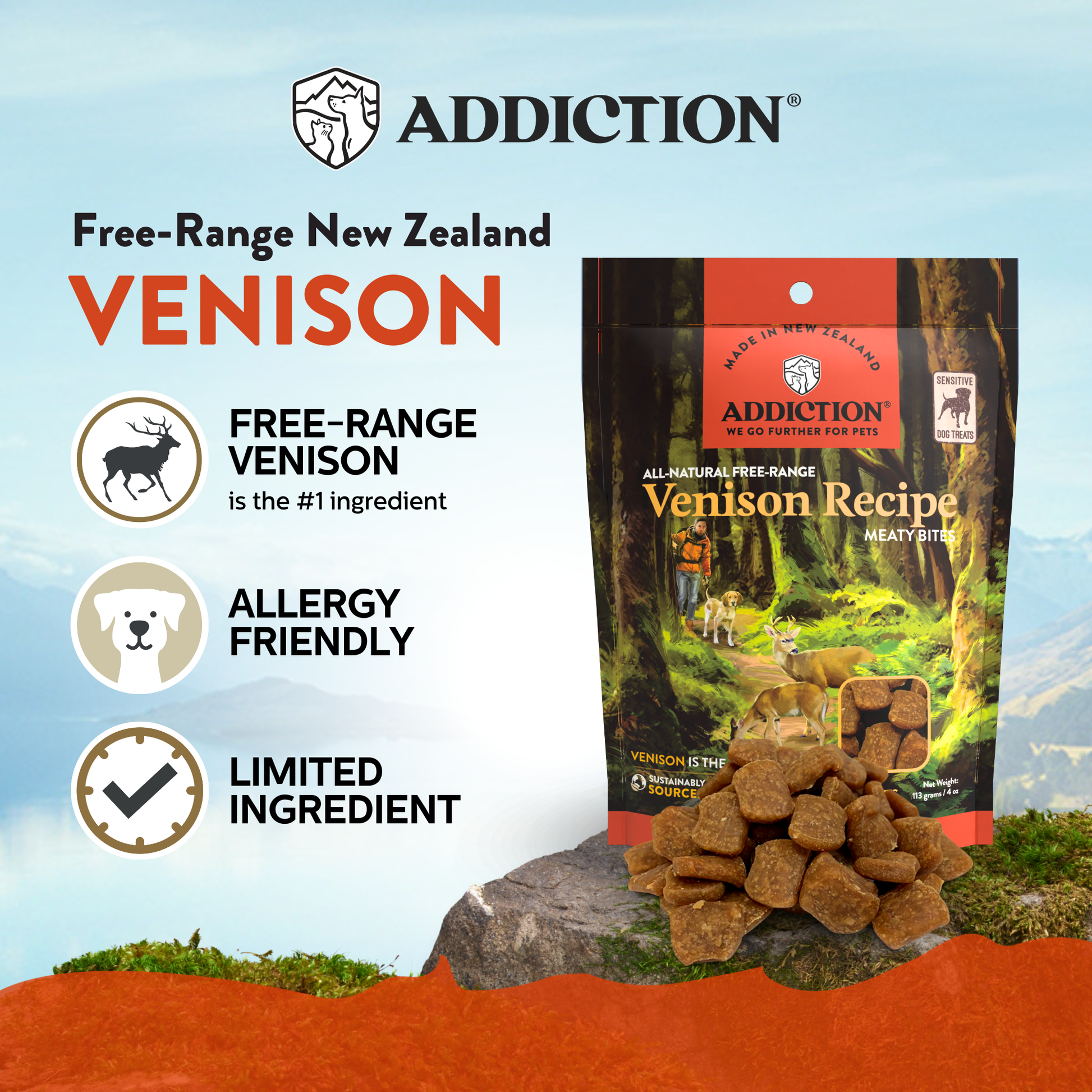 Addiction Venison recipe dog food packaging with scenic background