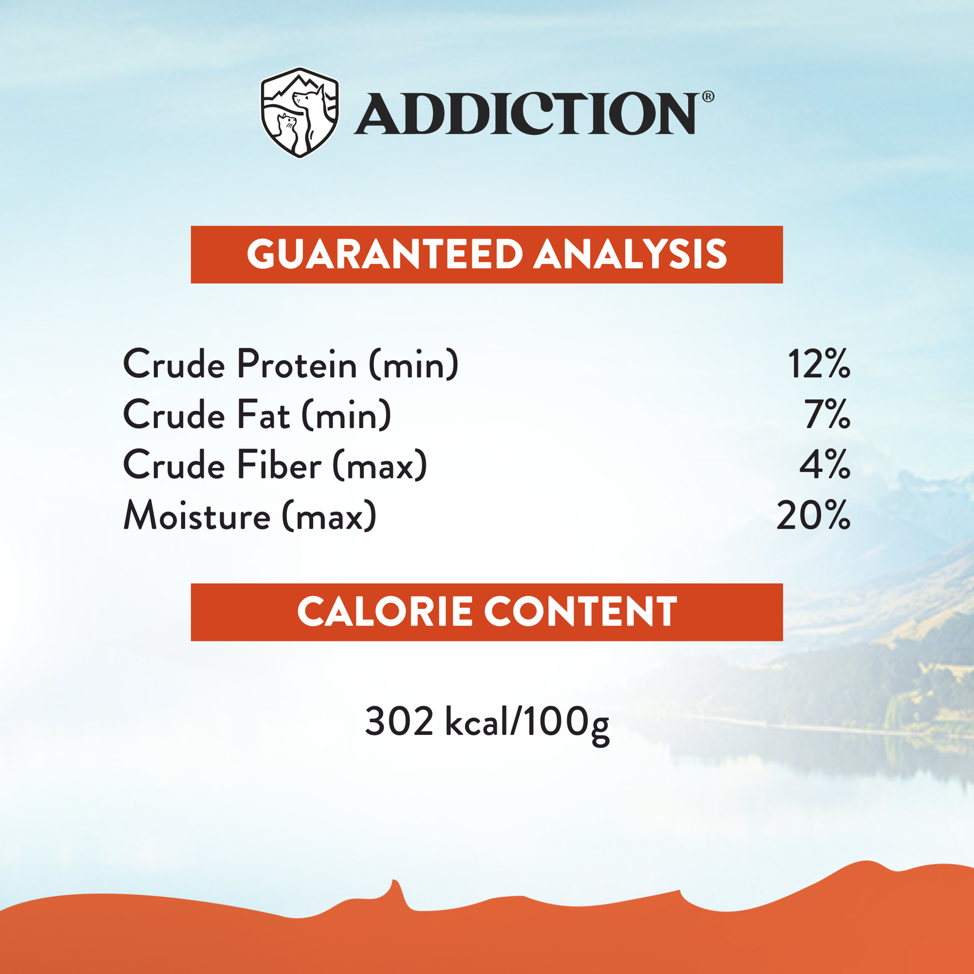 Product label with guaranteed analysis and calorie content on a scenic background