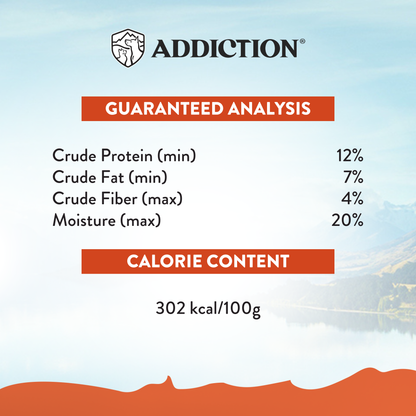 Product label with guaranteed analysis and calorie content on a scenic background
