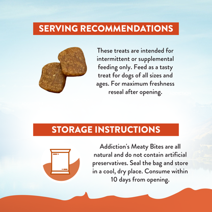 Dog treat packaging with serving recommendations and storage instructions on a blue and orange background.