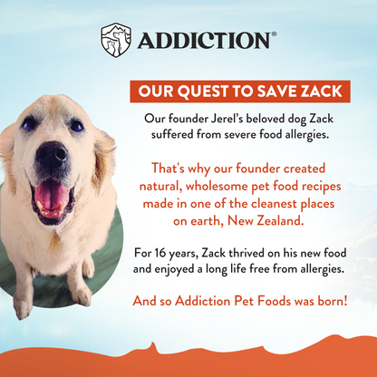 Advertisement for Addiction Pet Foods featuring a dog and text about their founder and pet food creation.