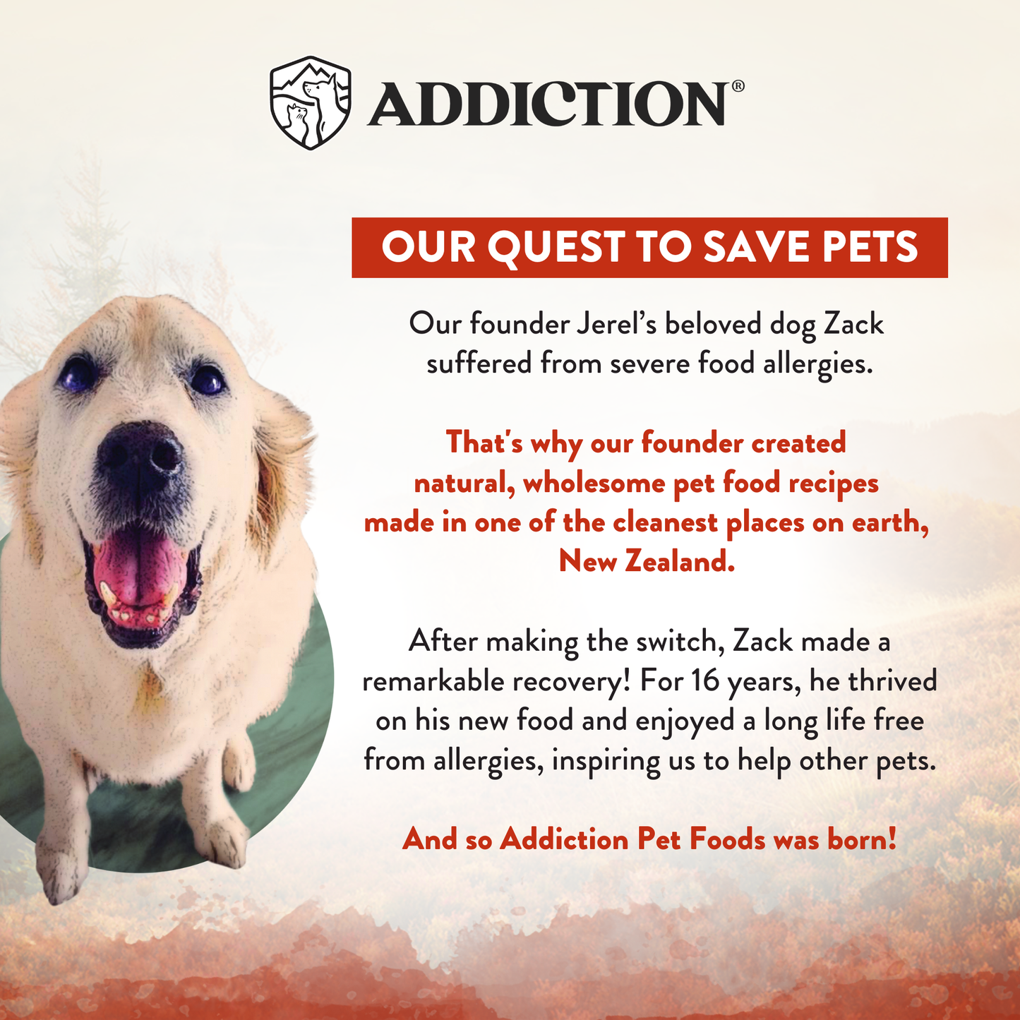 Advertisement for Addiction Pet Foods featuring a happy dog and text about their quest to save pets.