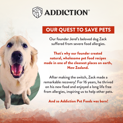 Advertisement for Addiction Pet Foods featuring a happy dog and text about their quest to save pets.