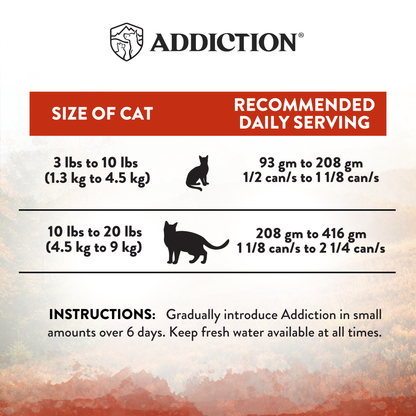 Cat food serving size chart by Addiction on a textured background
