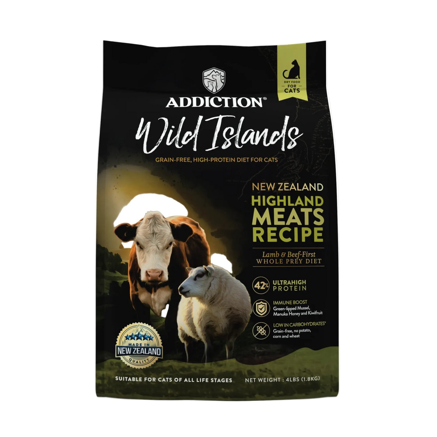Addiction Wild Islands cat food package with a cow and sheep on a dark background
