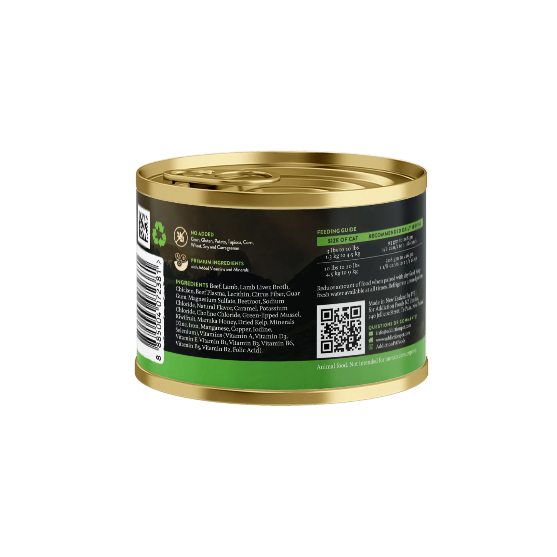 Canned food with green and gold label on a white background