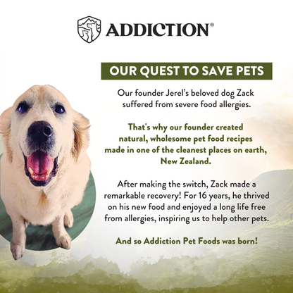 Advertisement for Addiction Pet Foods featuring a happy dog with text about the brand's mission.