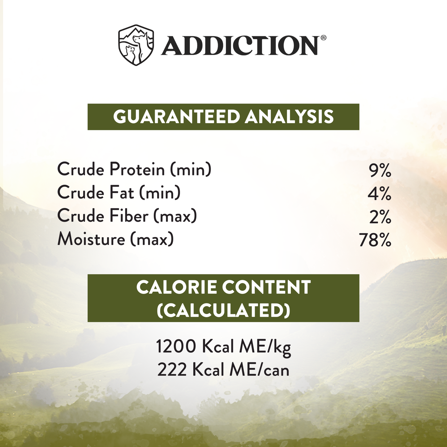 Nutritional label for a product with 'Addiction' branding on a scenic background.