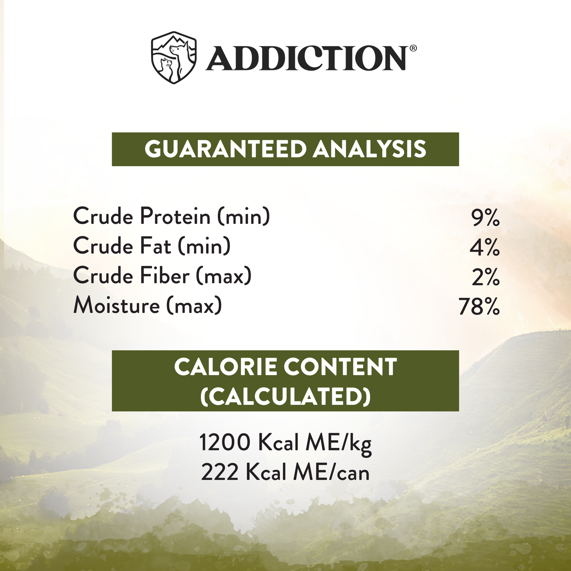 Nutritional label for a product with 'Addiction' branding on a scenic background.