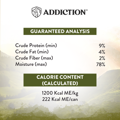 Nutritional label for a product with 'Addiction' branding on a scenic background.