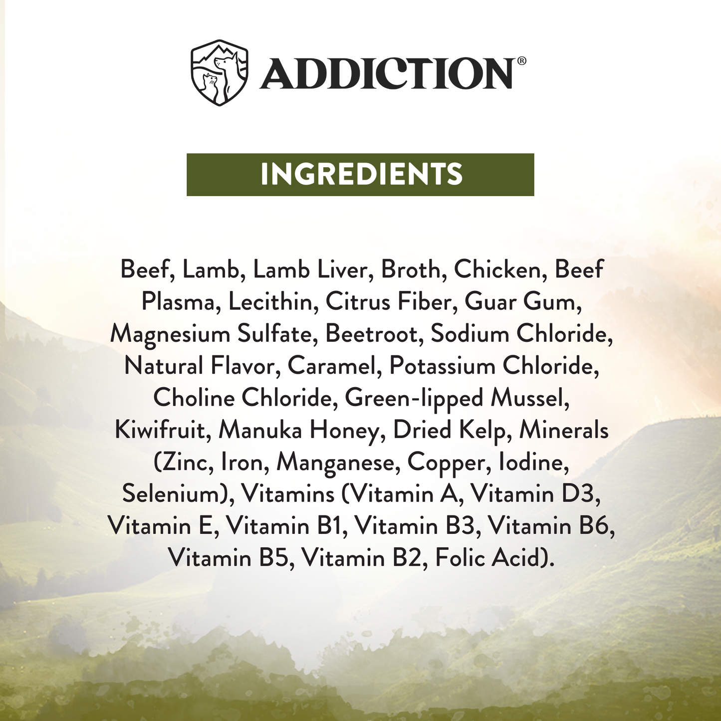 Ingredients list for a product with 'Addiction' branding on a white background.