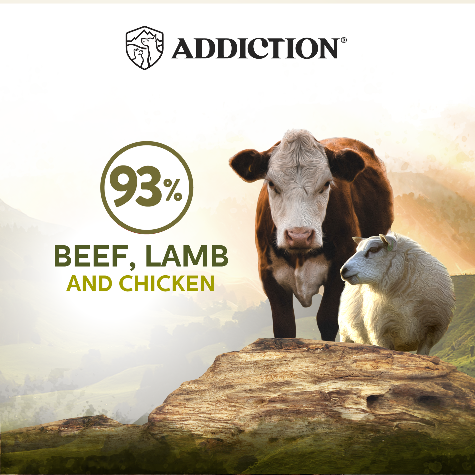 Cows and sheep with 'Addiction' branding and text about beef, lamb, and chicken ingredients.