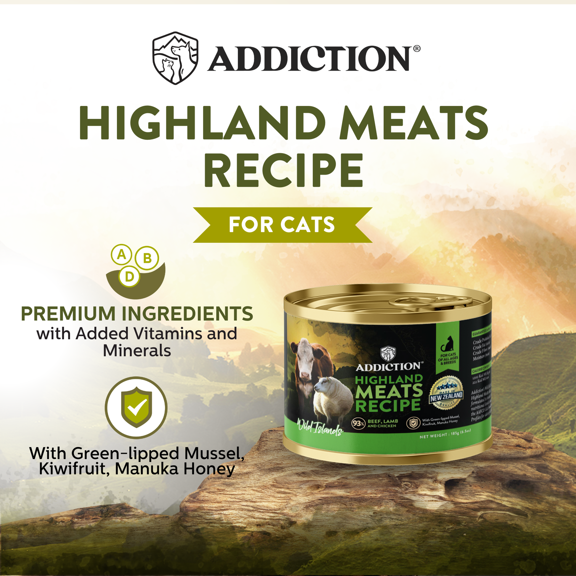 Addiction Highland Meats Recipe cat food can with scenic background