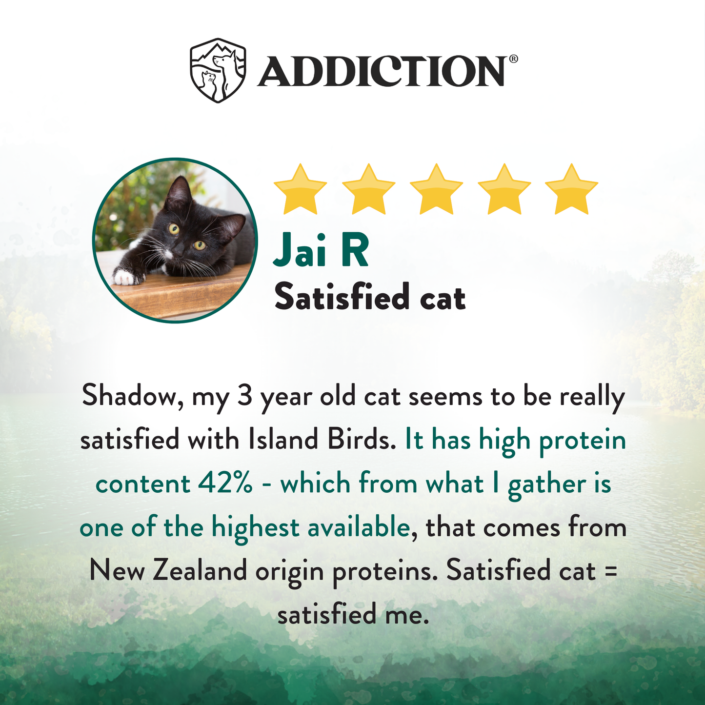 Cat named Jai R with a five-star rating and text about a satisfied cat with Island Birds product.
