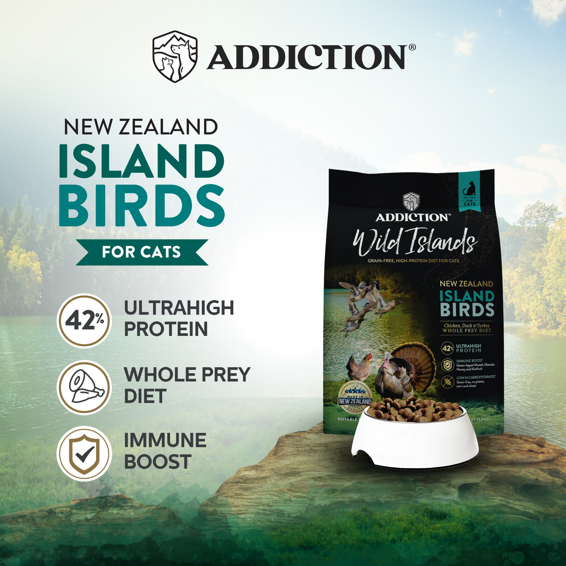 Addiction New Zealand Island Birds cat food packaging with a scenic background