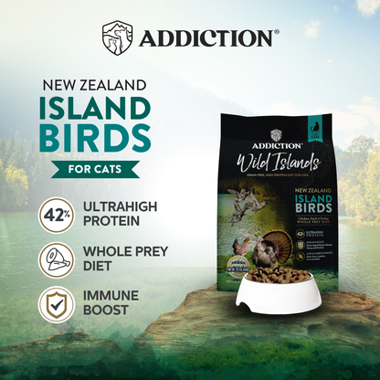 Addiction New Zealand Island Birds cat food packaging with a scenic background