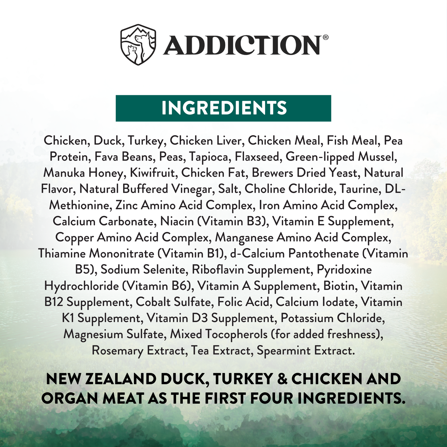 Ingredients list for a pet food product with 'Addiction' branding.