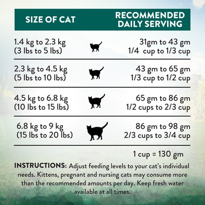 Chart showing recommended daily serving sizes for cats of different weights.